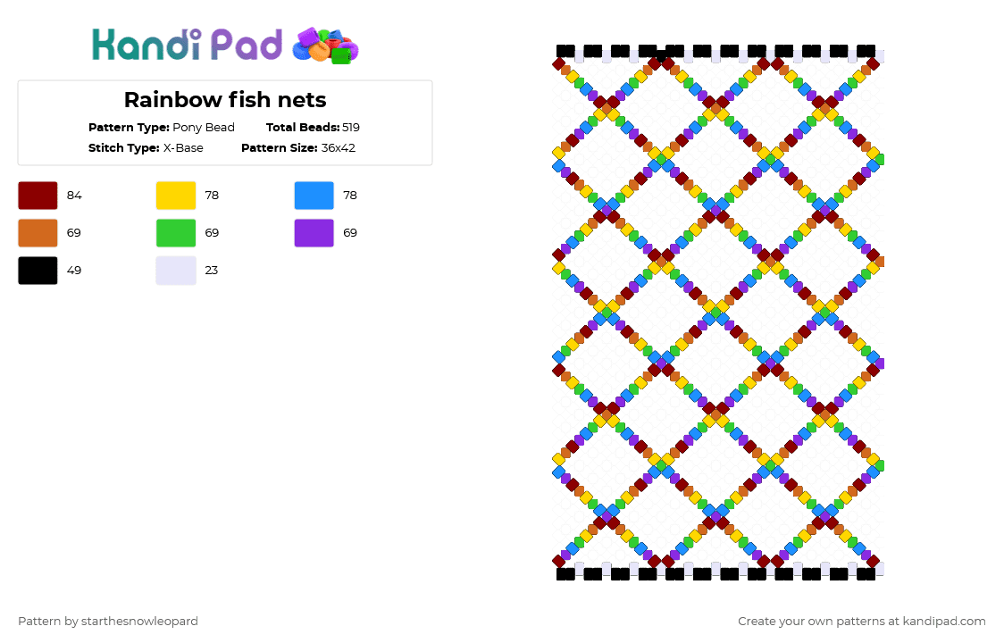Rainbow fish nets comment for other colors - Pony Bead Pattern by columbinafromthefreakcircus on Kandi Pad - orange,green,purple,colorful,pride,gay,fun,scene kid,kandi core,lgbqt