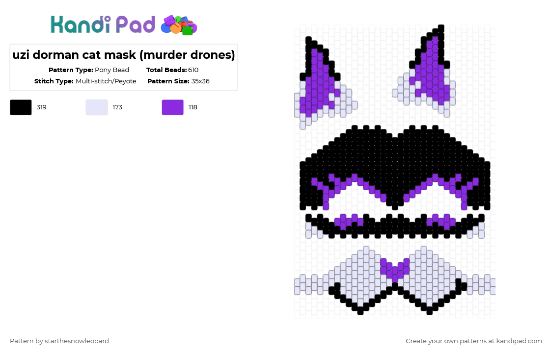 uzi dorman cat mask (murder drones) - Pony Bead Pattern by columbinafromthefreakcircus on Kandi Pad - purple,white