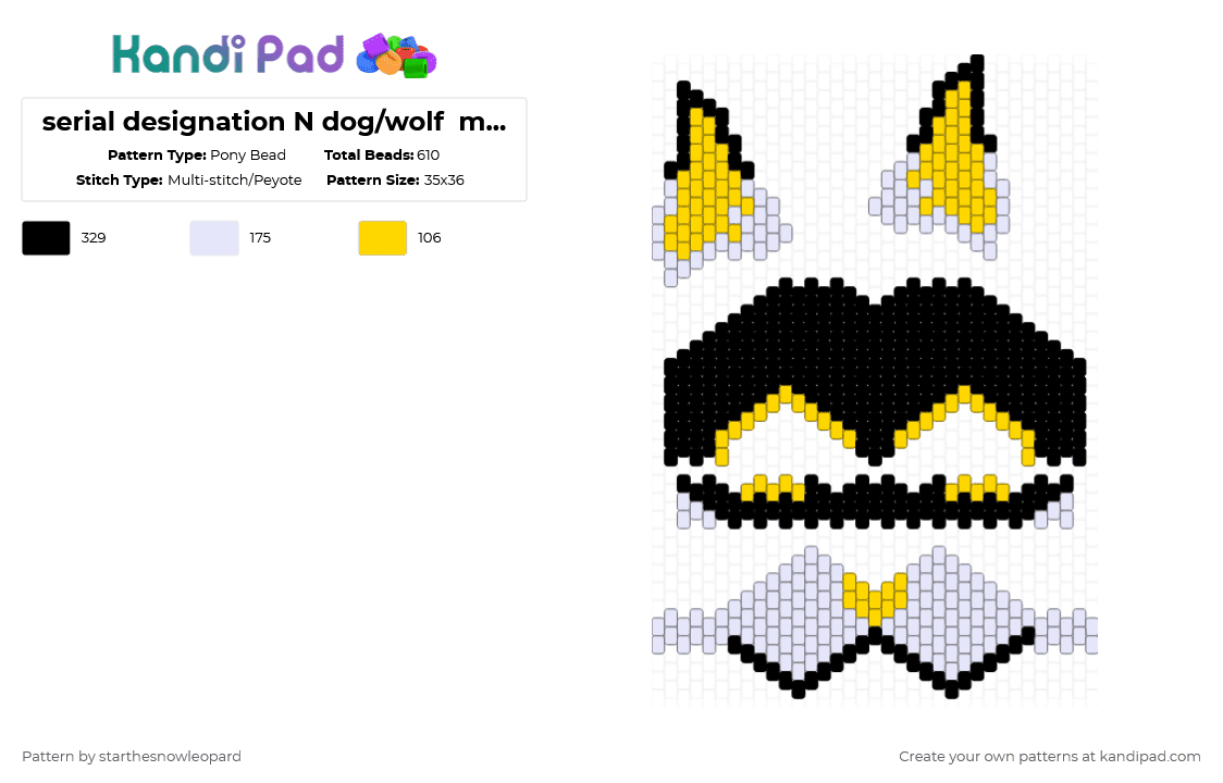 serial designation N dog/wolf  mask (murder drones) - Pony Bead Pattern by columbinafromthefreakcircus on Kandi Pad - yellow,white
