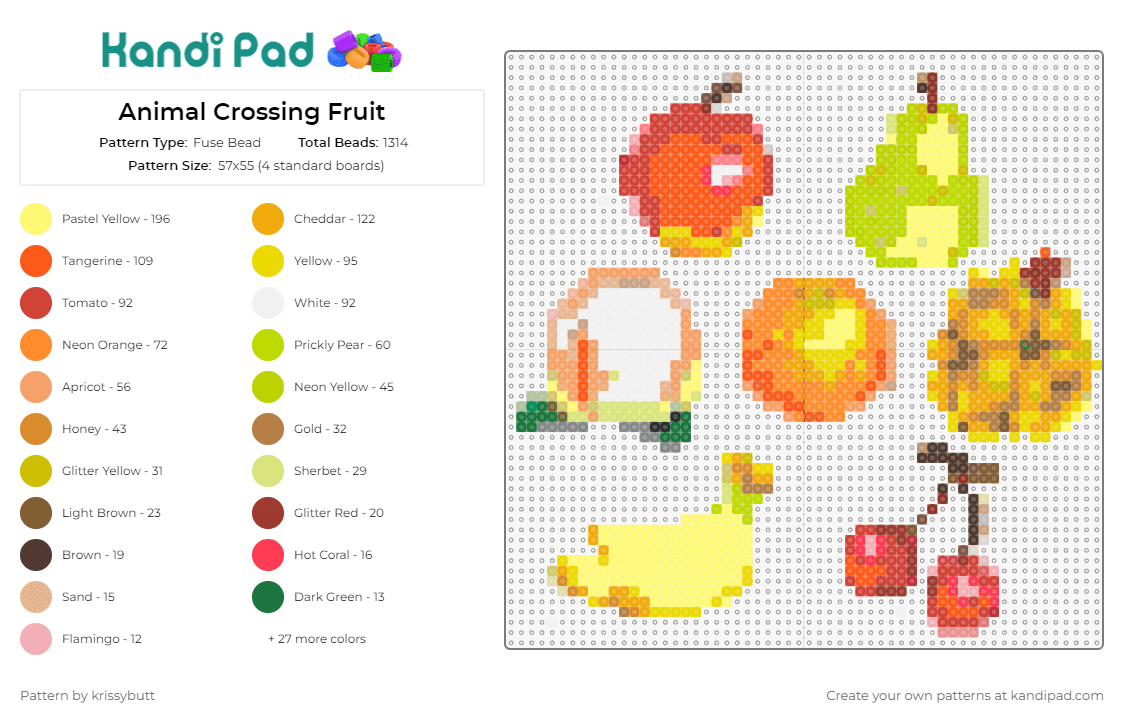 Animal Crossing Fruit - Fuse Bead Pattern by krissybutt on Kandi Pad - apple,pear,cherries,orange,pineapple,bananas,fruit,food,animal crossing