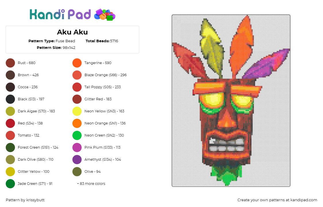 Aku Aku - Fuse Bead Pattern by krissybutt on Kandi Pad - aku aku,crash bandicoot,playstation,video game,mask,feathers,nostalgia,colorful,