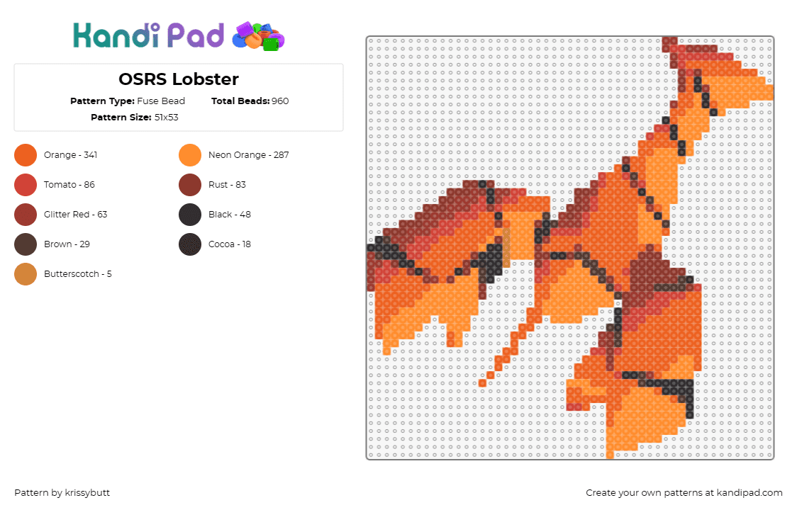 OSRS Lobster - Fuse Bead Pattern by krissybutt on Kandi Pad - lobster,runescape,geometric,nostalgic,crafting quest,gaming enthusiasts,retro,or