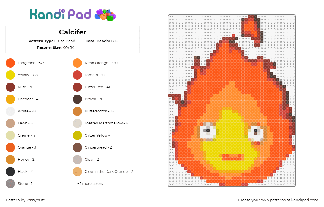 Calcifer - Fuse Bead Pattern by krissybutt on Kandi Pad - calcifer,howls moving castle,ghibli,character,movie,anime,flame,fire,face,orange