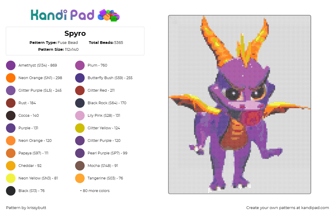 Spyro - Fuse Bead Pattern by krissybutt on Kandi Pad - spyro,dragon,video games,enchanting,fantasy,magic,purple