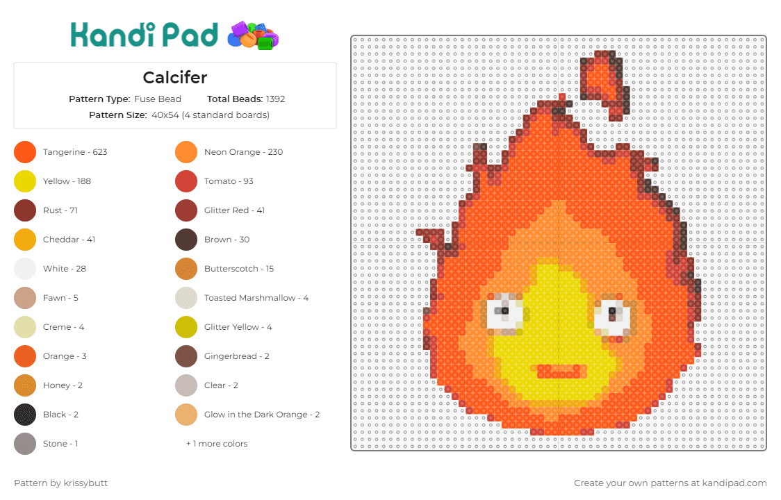 Calcifer - Fuse Bead Pattern by krissybutt on Kandi Pad - calcifer,howl's moving castle,fire,flame,animated,fantasy,charming,orange