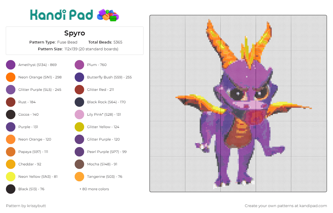 Spyro - Fuse Bead Pattern by krissybutt on Kandi Pad - spyro,dragon,video games,enchanting,fantasy,magic,purple