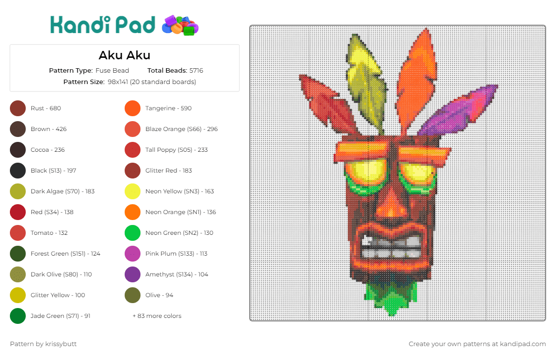 Aku Aku - Fuse Bead Pattern by krissybutt on Kandi Pad - aku aku,crash bandicoot,adventurous,vivid,striking,pop of color,energy