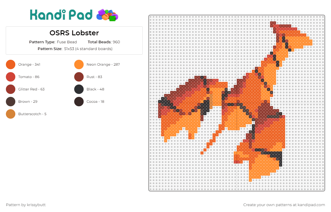 OSRS Lobster - Fuse Bead Pattern by krissybutt on Kandi Pad - lobster,runescape,geometric,nostalgic,crafting quest,gaming enthusiasts,retro,orange