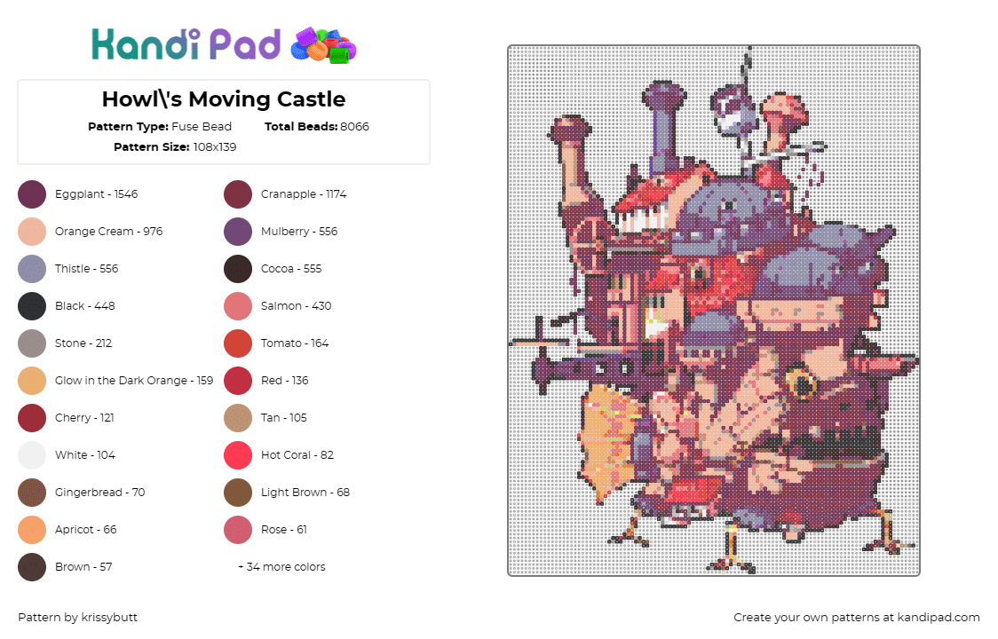 Howl\'s Moving Castle - Fuse Bead Pattern by krissybutt on Kandi Pad - howls moving castle,ghibli,ship,movie,anime,fantasy,tan,red