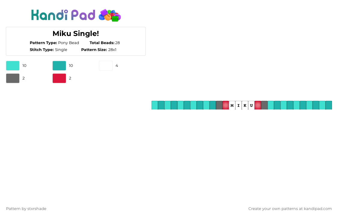 Miku Single! - Pony Bead Pattern by stxrshade on Kandi Pad - light blue,teal,miku,cyan,glow,single