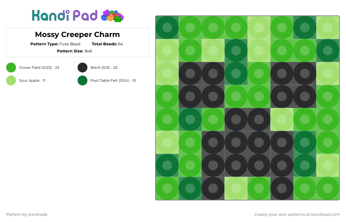 Mossy Creeper Charm - Fuse Bead Pattern by stxrshade on Kandi Pad - black,green,creeper,minecraft,mc