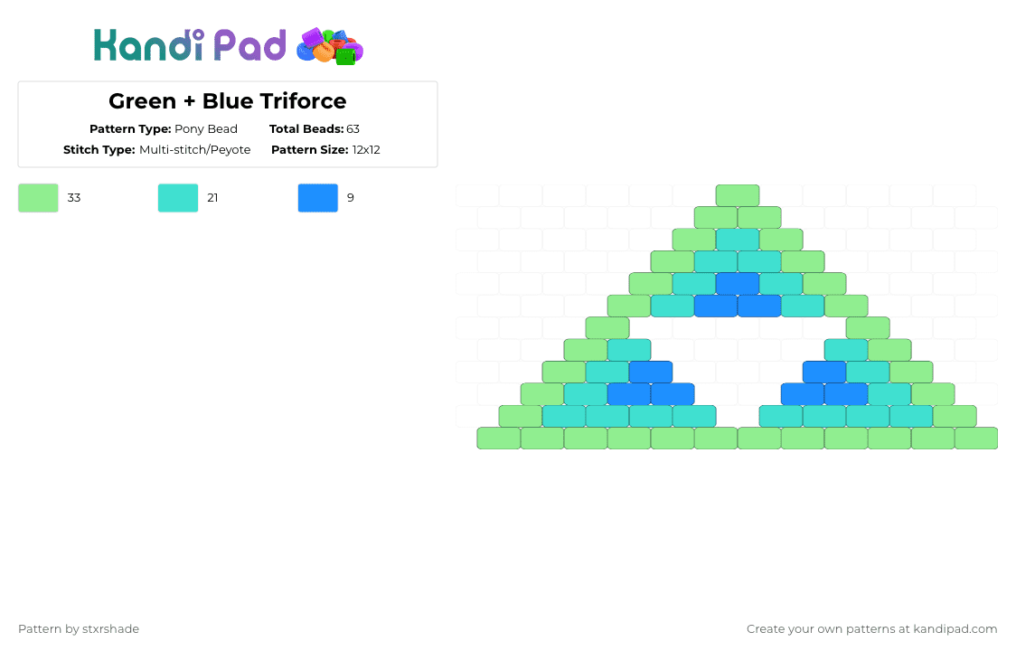Green + Blue Triforce - Pony Bead Pattern by stxrshade on Kandi Pad - teal,light blue,zelda,green,blue,triangle
