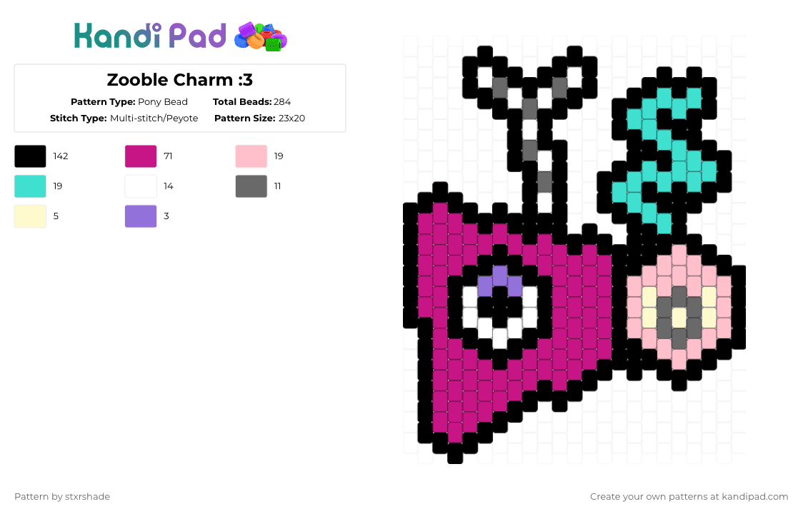 Zooble Charm :3 - Pony Bead Pattern by stxrshade on Kandi Pad - black,pink,tadc,zooble,character,shapes