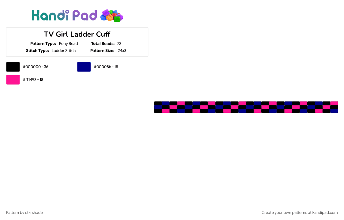 TV Girl Ladder Cuff - Pony Bead Pattern by stxrshade on Kandi Pad - black, blue, music, pink, purple, tv girl