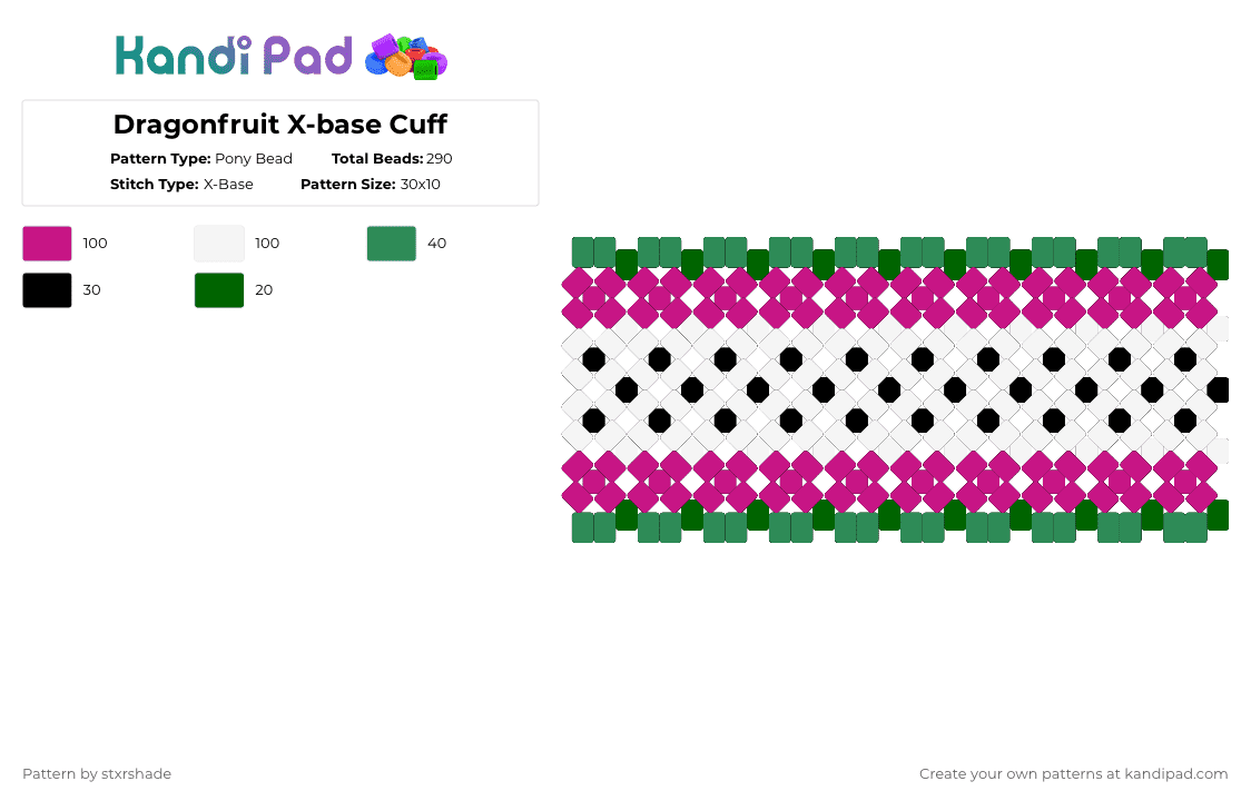 Dragonfruit X-base Cuff - Pony Bead Pattern by stxrshade on Kandi Pad - cuff,3d,food,green,pink,dragonfruit,fruit,xbase