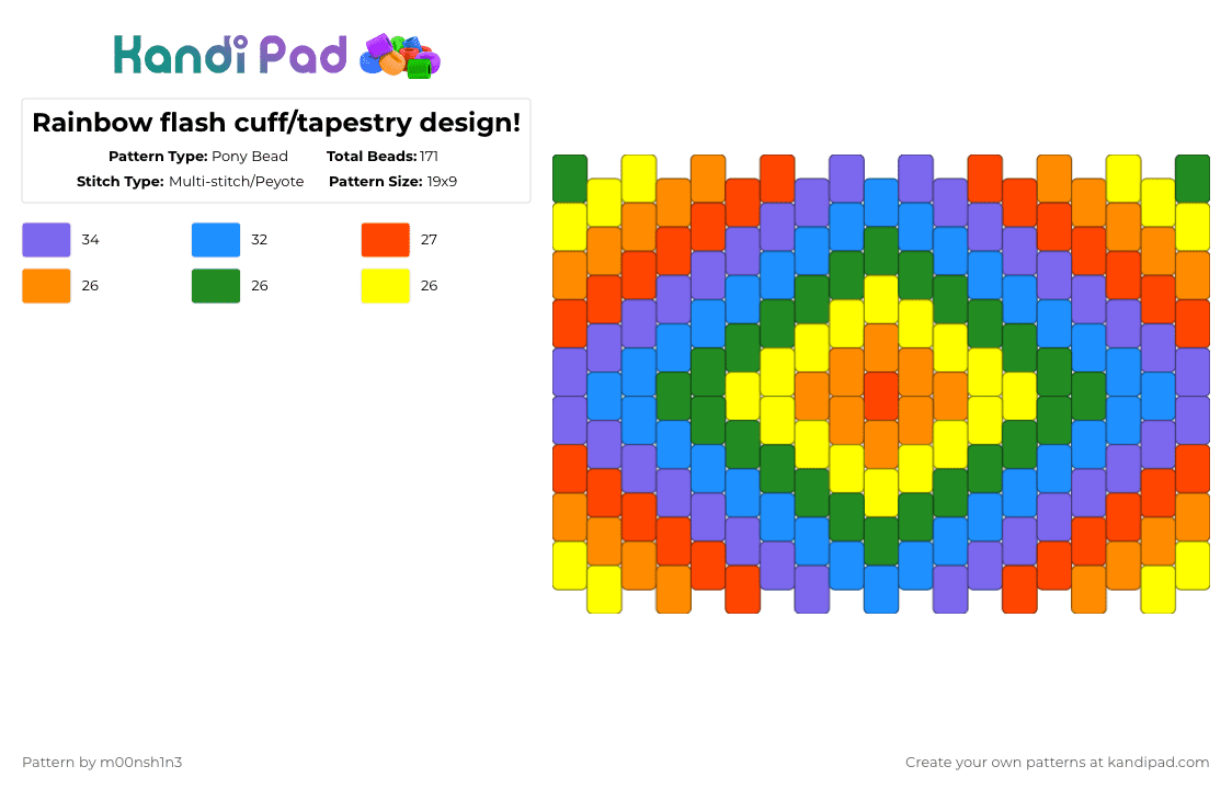 Rainbow flash cuff/tapestry design! - Pony Bead Pattern by m00nsh1n3 on Kandi Pad - orange,light blue,yellow,colorful,rainbow,star,cute,scene,pony beads