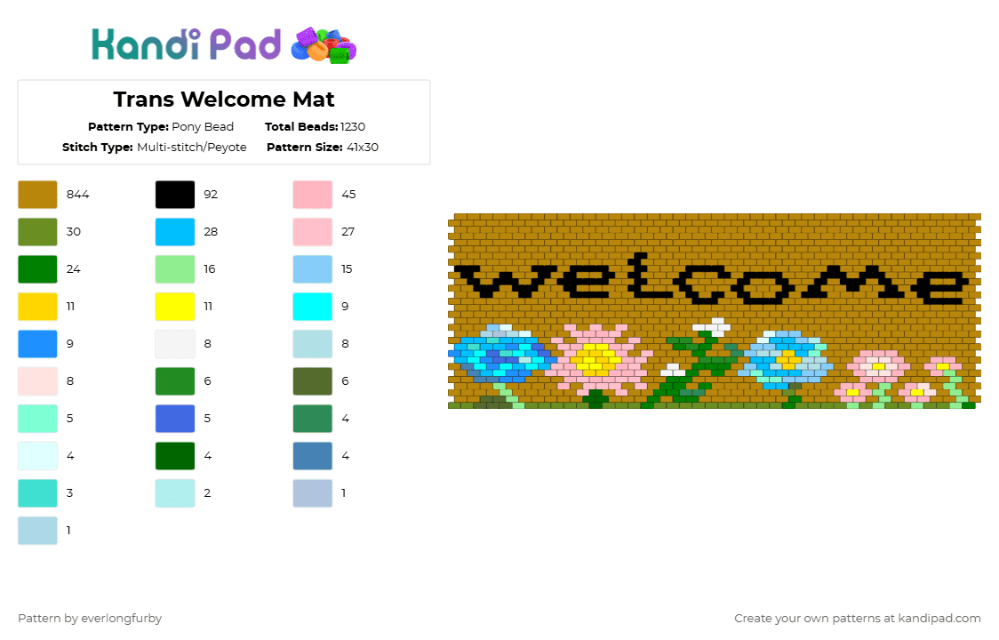 Trans Welcome Mat - Pony Bead Pattern by everlongfurby on Kandi Pad - gold,flowers,trans,pride,trans flag,trans pride,lgbtq