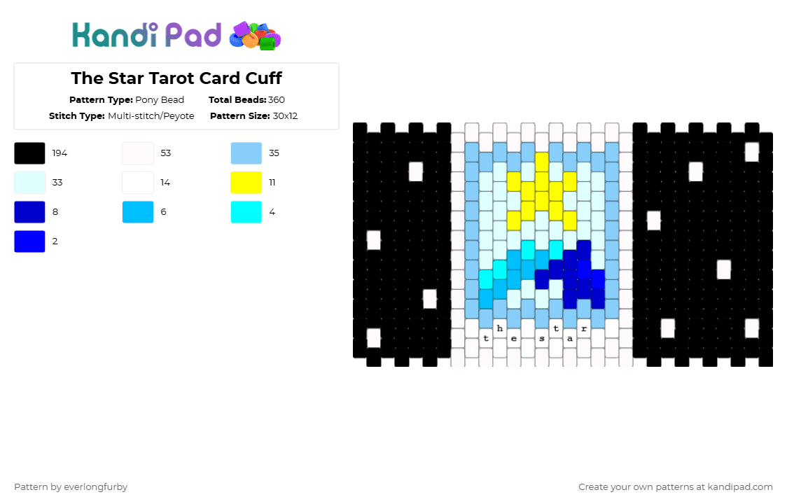 The Star Tarot Card Cuff - Pony Bead Pattern by everlongfurby on Kandi Pad - black,white,light blue,tarot,witch,witchcraft,tarot cards,the star,space