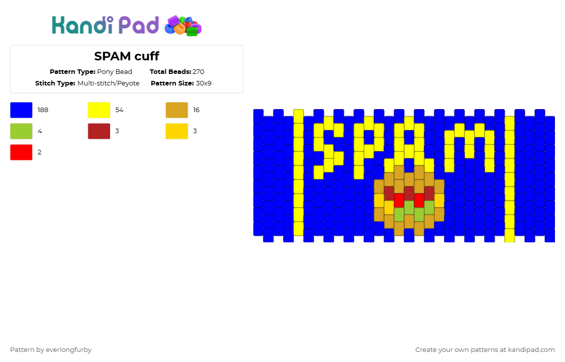 SPAM cuff - Pony Bead Pattern by everlongfurby on Kandi Pad - purple,yellow,spam,meat,burger,food,brand,can,ham