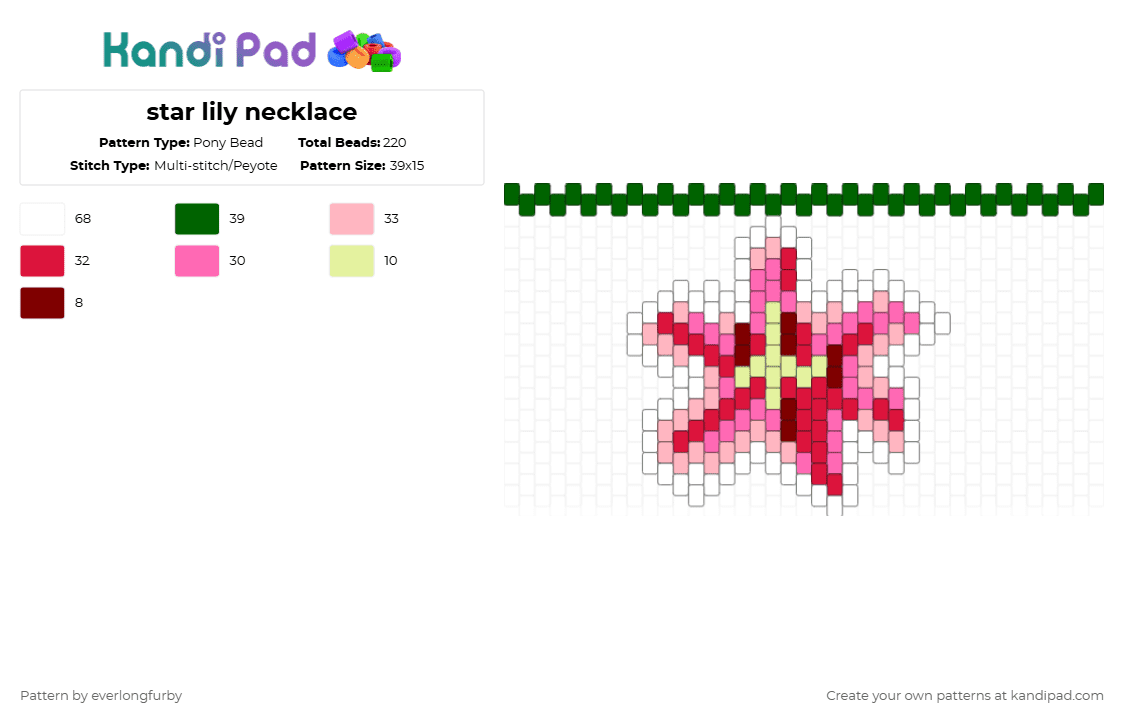 star lily necklace - Pony Bead Pattern by everlongfurby on Kandi Pad - pink,red,green