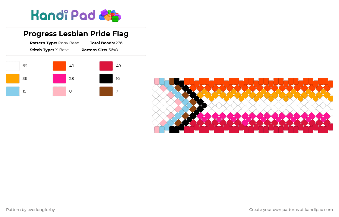 Progress Lesbian Pride Flag - Pony Bead Pattern by everlongfurby on Kandi Pad - red,pride,lgbt,lgbtq,pride flag,lesbian,lesbian pride,lesbian flag,progress