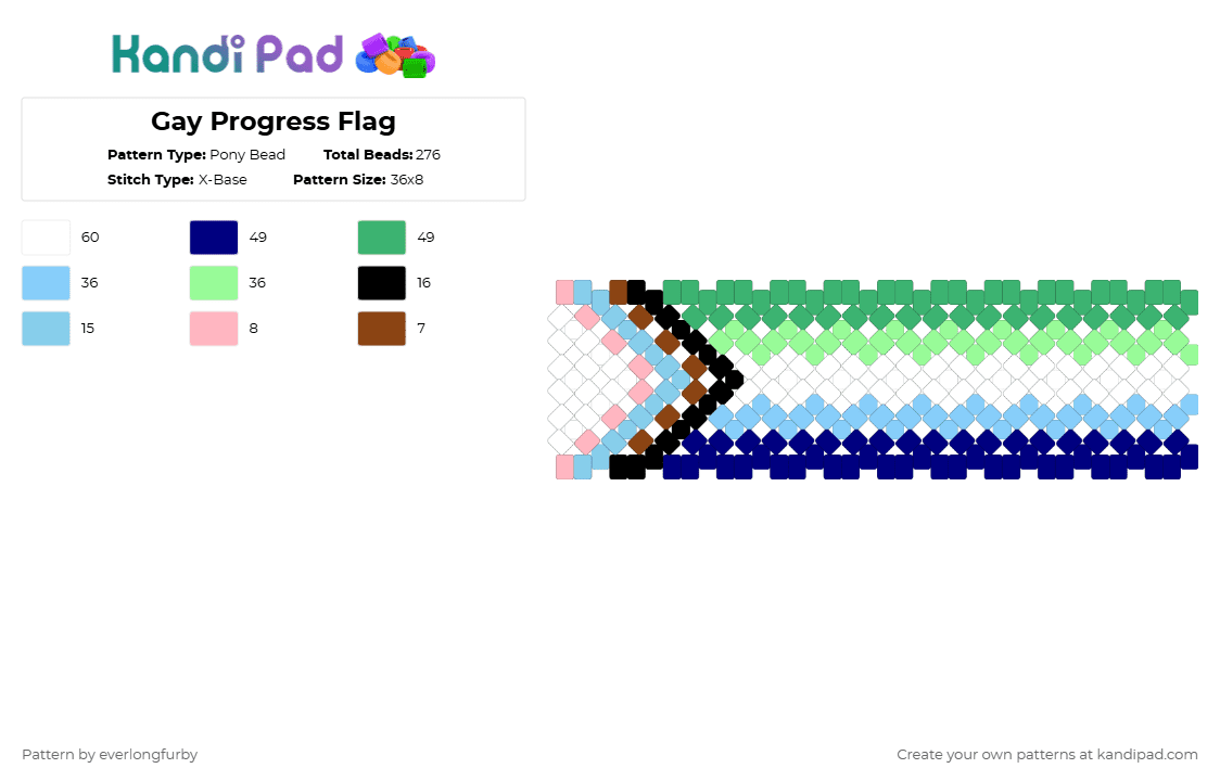 Gay Progress Flag - Pony Bead Pattern by everlongfurby on Kandi Pad - light blue,purple,teal,green,gay,mlm,pride,progress,gay pride flag,progress flag,queer,lgbtq