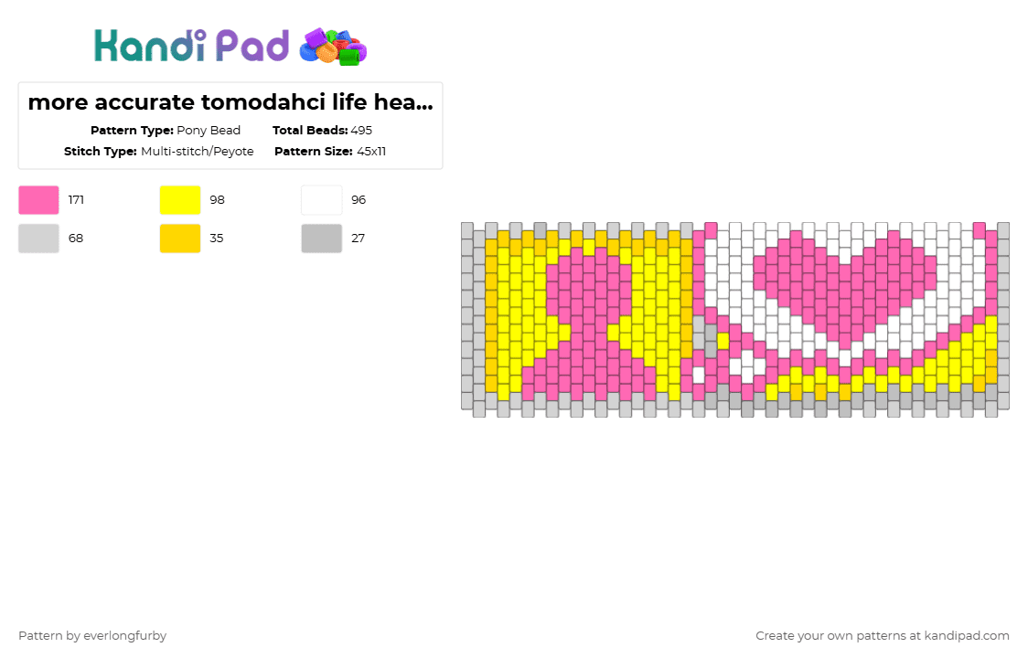 more accurate tomodahci life heart lol - Pony Bead Pattern by everlongfurby on Kandi Pad - yellow,pink