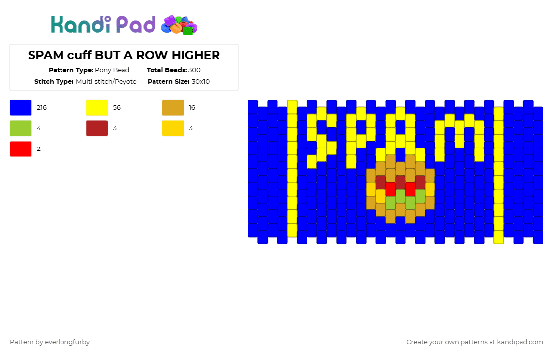 SPAM cuff BUT A ROW HIGHER - Pony Bead Pattern by everlongfurby on Kandi Pad - purple,yellow,spam,meat,burger,food,brand,can,ham