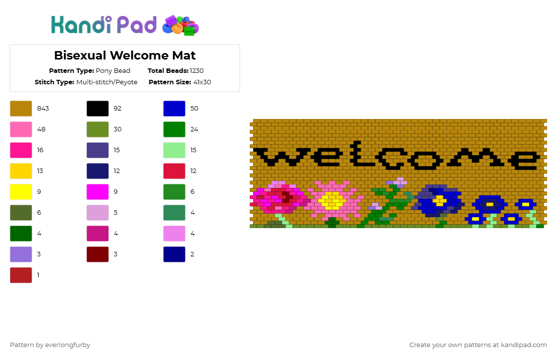Bisexual Welcome Mat - Pony Bead Pattern by everlongfurby on Kandi Pad - gold,bi,bisexual,bisexual flag,pride,flowers,bisexual pride