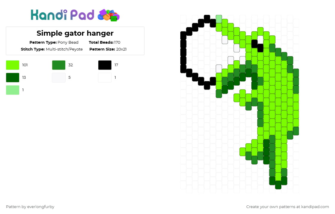 Simple gator hanger - Pony Bead Pattern by everlongfurby on Kandi Pad - green