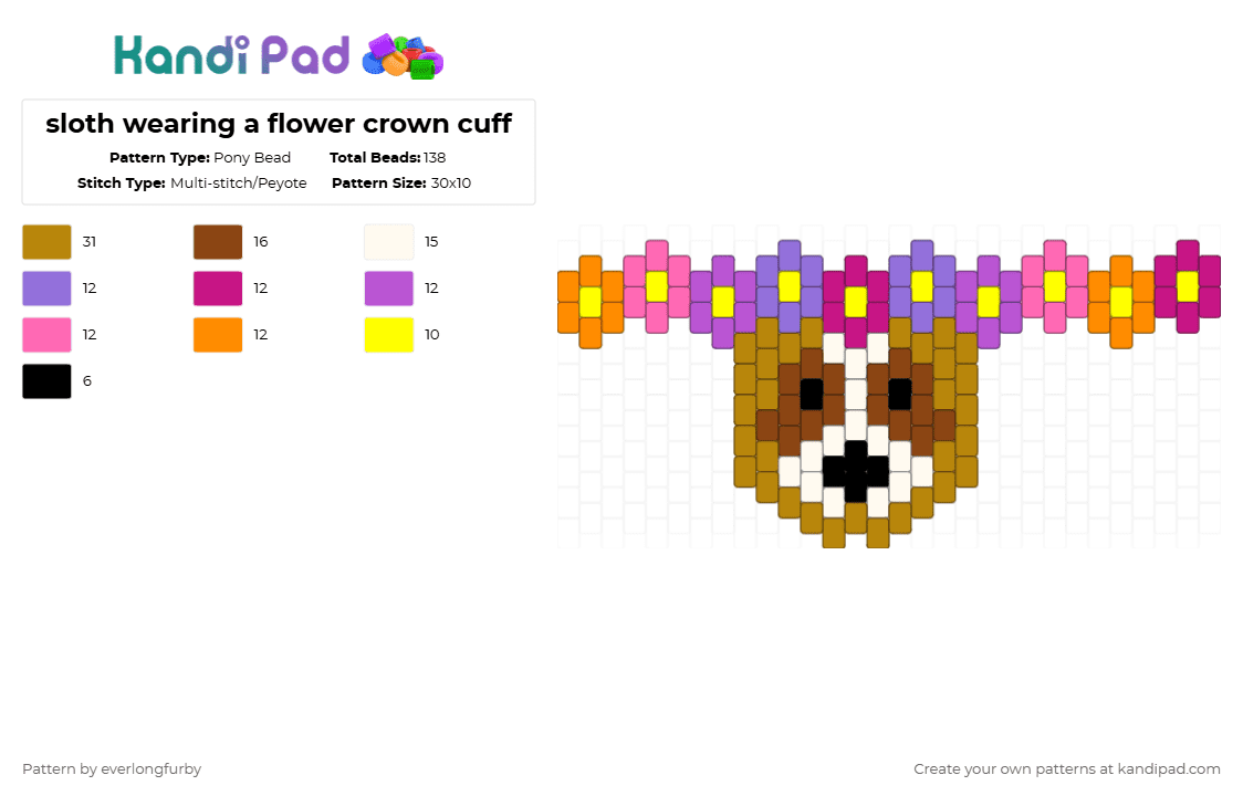 sloth wearing a flower crown cuff - Pony Bead Pattern by everlongfurby on Kandi Pad - plant,nature,accessory,gold,pink,sloth,flower,animal,floral,orange,cuff,flower crown