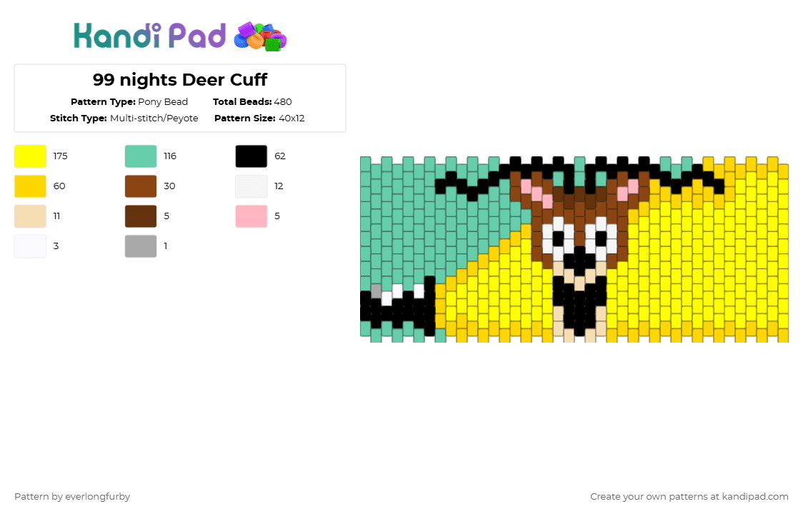 99 nights Deer Cuff - Pony Bead Pattern by everlongfurby on Kandi Pad - 99 nights, 99 nights in the forest, deer, horror, roblox, teal, yellow
