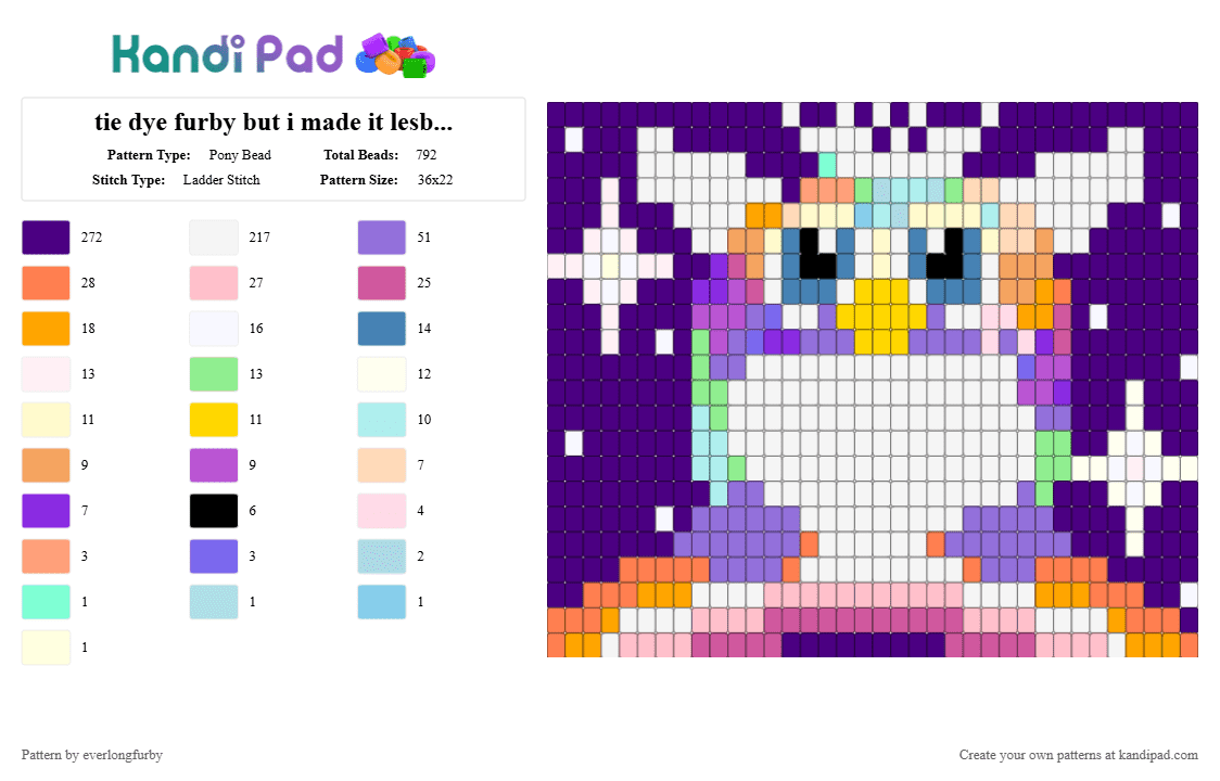 tie dye furby but i made it lesbian bc the colors look nice - Pony Bead Pattern by everlongfurby on Kandi Pad - purple,orange,pink