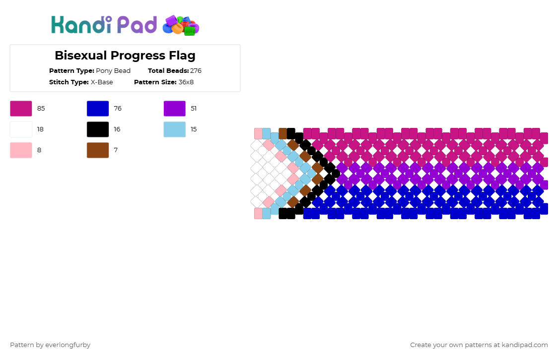Bisexual Progress Flag - Pony Bead Pattern by everlongfurby on Kandi Pad - pink,purple,bi pride,bisexual,pride,progress flag,pride flag,queer,lbtq