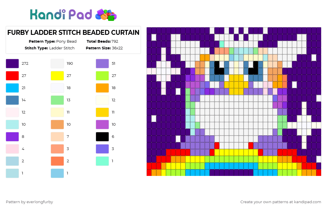 FURBY LADDER STITCH BEADED CURTAIN - Pony Bead Pattern by everlongfurby on Kandi Pad - purple,yellow,furby,rainbow,beaded curtain,curtain,ladder stitch,sparkles,multicolor,colorful