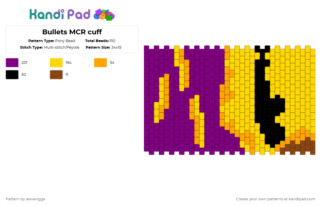 Bullets MCR cuff - Pony Bead Pattern by aswangga on Kandi Pad - pink,yellow,mcr,bulletsalbum