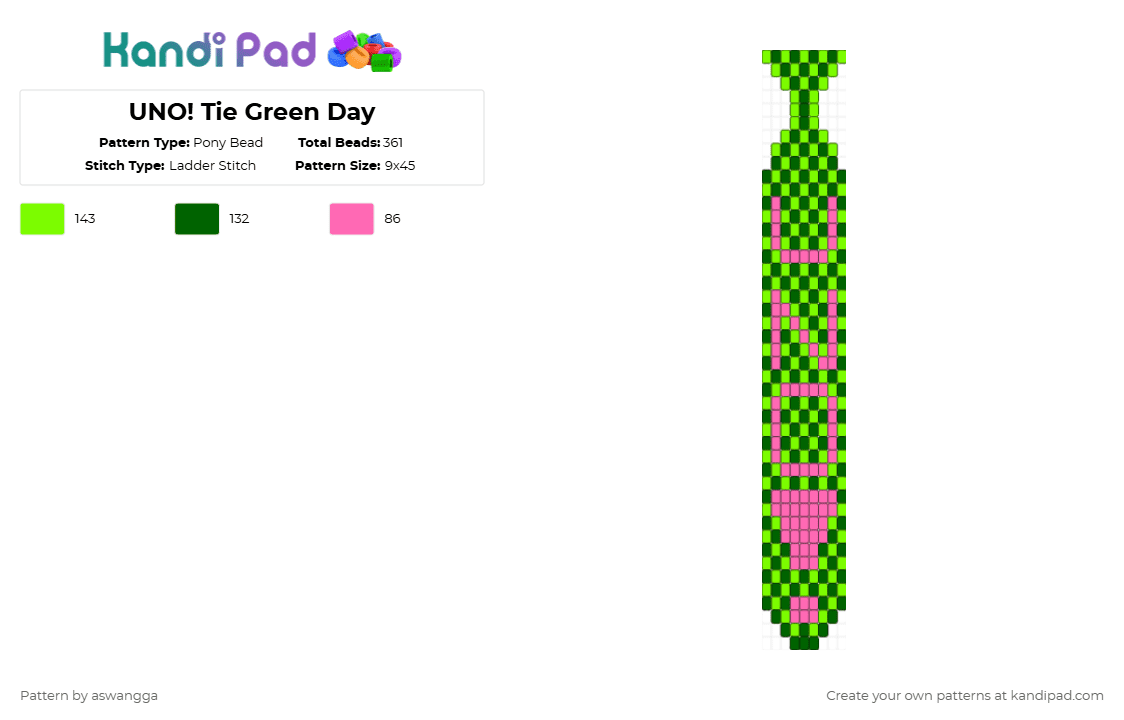 UNO! Tie Green Day - Pony Bead Pattern by aswangga on Kandi Pad - green day,music,band,punk,necktie,clothing,green
