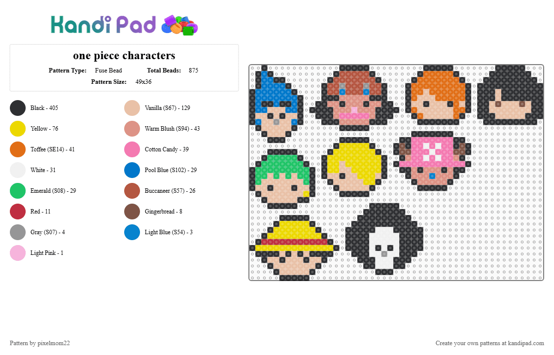 one piece characters - Fuse Bead Pattern by pixelmom22 on Kandi Pad - black,beige,yellow