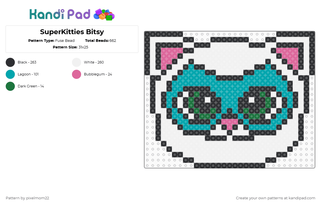 SuperKitties Bitsy - Fuse Bead Pattern by pixelmom22 on Kandi Pad - white,teal