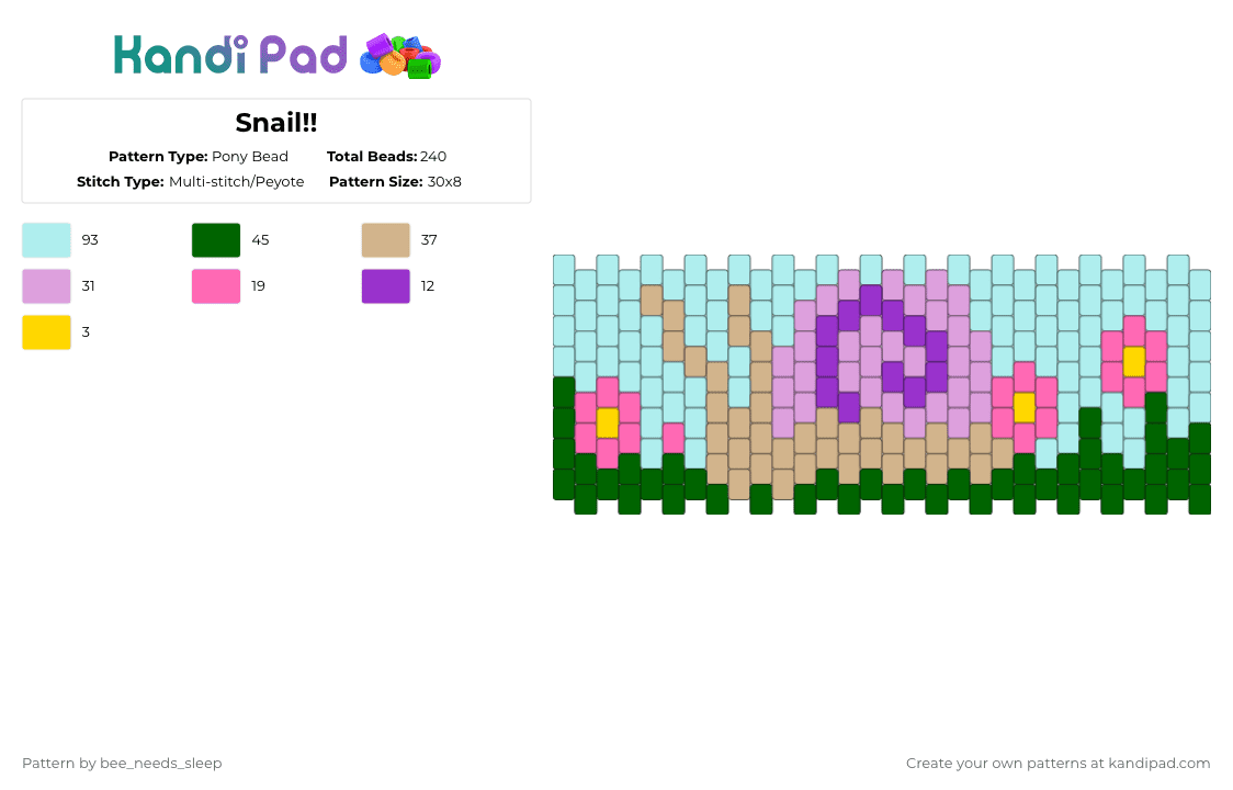 Snail!! - Pony Bead Pattern by bee_needs_sleep on Kandi Pad - light blue,pink,beige,green,snail,nature,cute,flower,garden