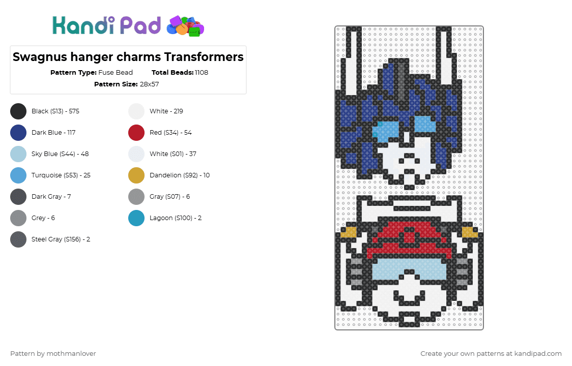 Swagnus hanger charms Transformers - Fuse Bead Pattern by mothmanlover on Kandi Pad - black, blue, colorful, light blue, white