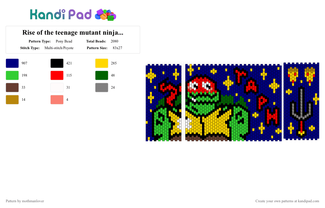 Rise of the teenage mutant ninja turtle bag (front and sides) - Pony Bead Pattern by mothmanlover on Kandi Pad - green, purple, rottmnt, tmnt, yellow