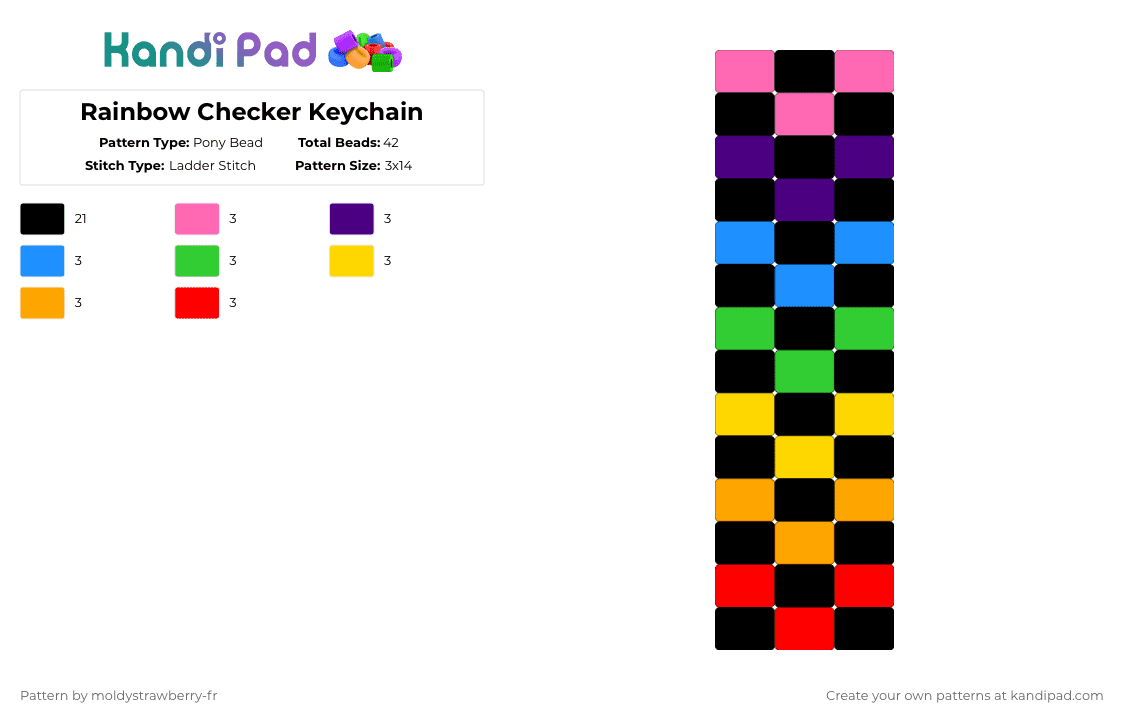 Rainbow Checker Keychain - Pony Bead Pattern by moldystrawberry-fr on Kandi Pad - black,purple,green,orange,colorful