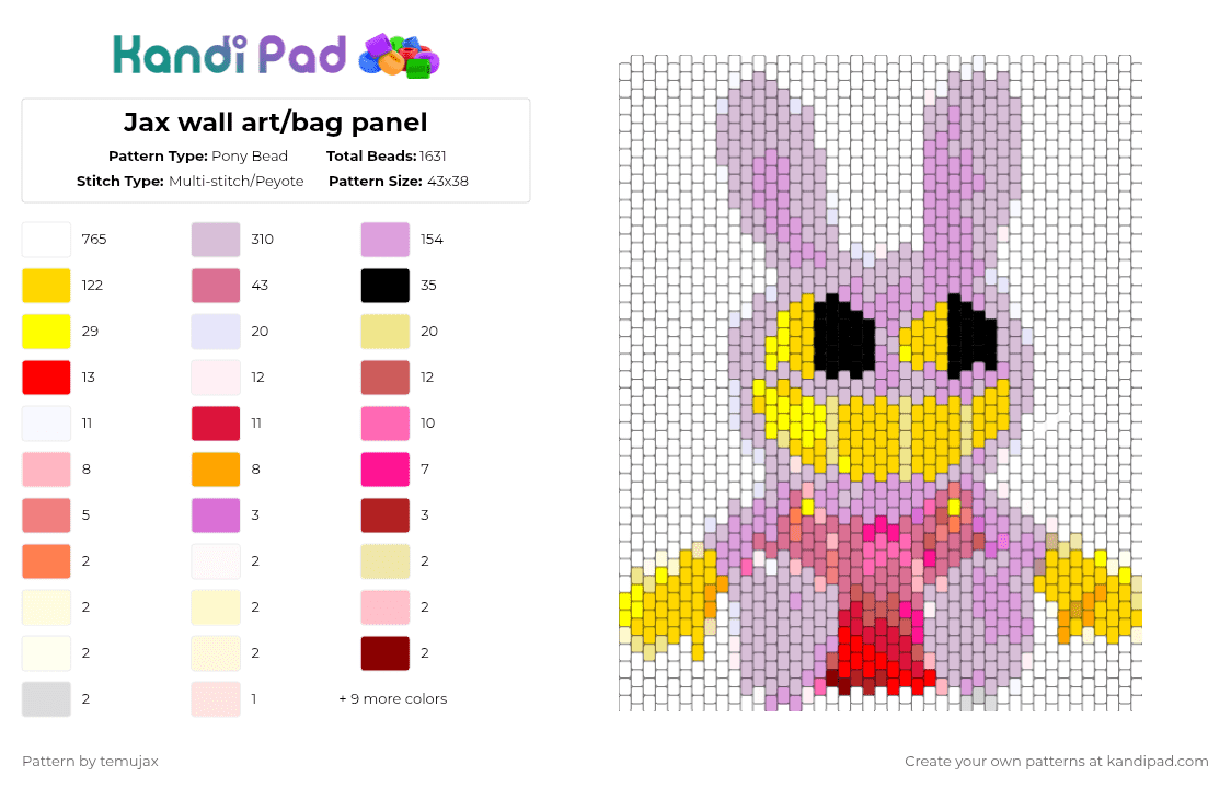 Jax wall art/bag panel - Pony Bead Pattern by temujax on Kandi Pad - white,pink,yellow,jax,tadc,icon,plushie,cute,dumb