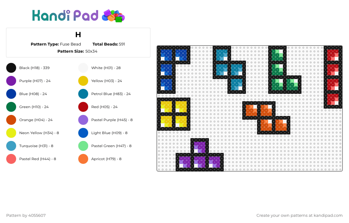 H - Fuse Bead Pattern by 4055607 on Kandi Pad - tetris,h,letter,alphabet,symbol,text,black,yellow,red,colorful