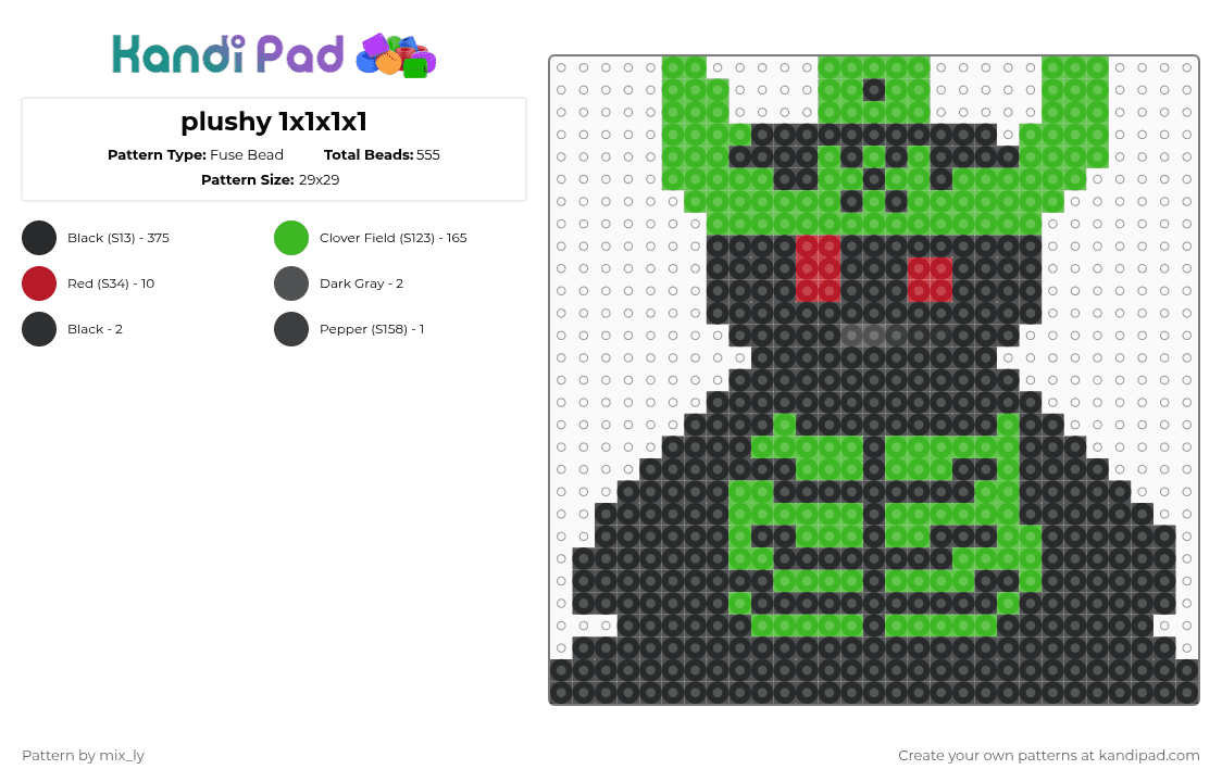 plushy 1x1x1x1 - Fuse Bead Pattern by mix_ly on Kandi Pad - black,green,forsaken,1x1x1x1,plushy