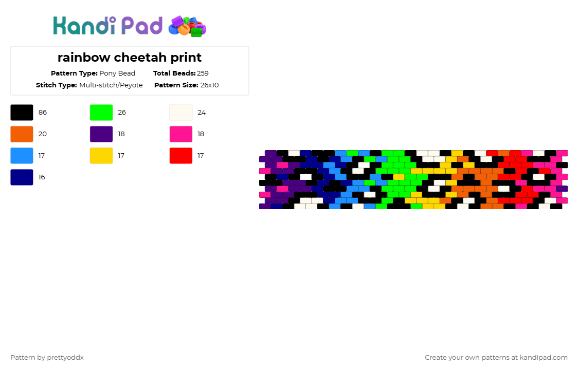 rainbow cheetah print - Pony Bead Pattern by prettyoddx on Kandi Pad - purple,green,orange