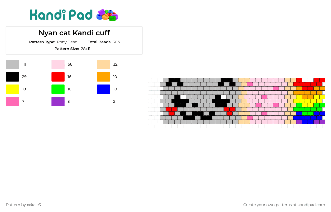 Nyan cat Kandi cuff - Pony Bead Pattern by xxkale3 on Kandi Pad - nyan cat,pop tart,cuff,whimsical,rainbow,playful,handmade,vibrant,collection,pink,gray