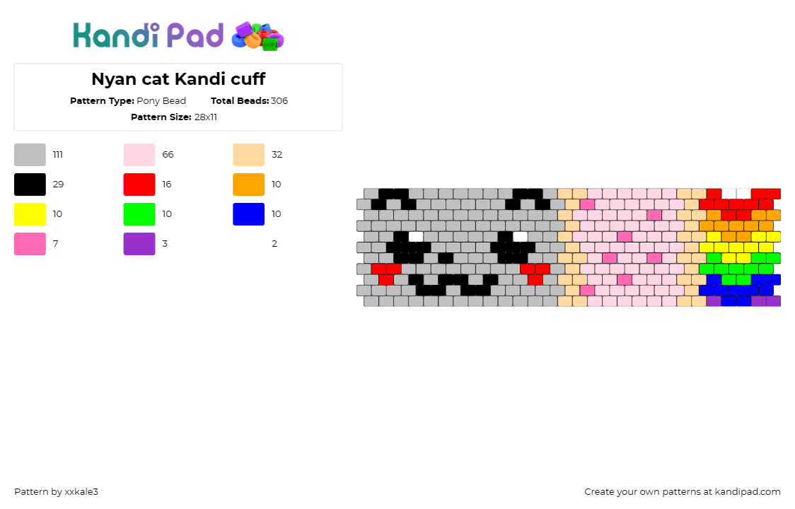 Nyan cat Kandi cuff - Pony Bead Pattern by xxkale3 on Kandi Pad - nyan cat,pop tart,cuff,whimsical,rainbow,playful,handmade,vibrant,pink,gray