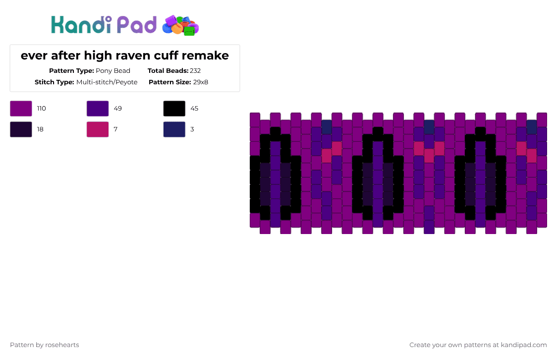 ever after high raven cuff remake - Pony Bead Pattern by rosehearts on Kandi Pad - pink,purple,ever after high,raven queen